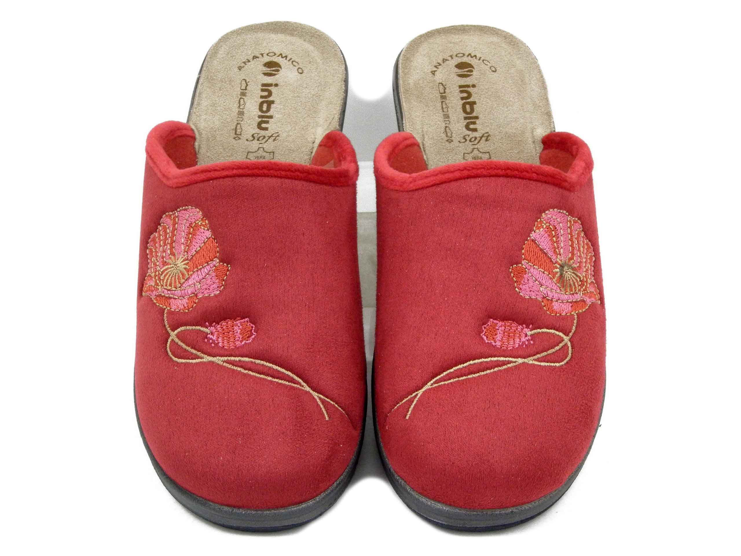 Pantofole Donna in Tessuto Rosso, Sottopiede Vera Pelle, Zeppa Bassa, INBLU - GI26