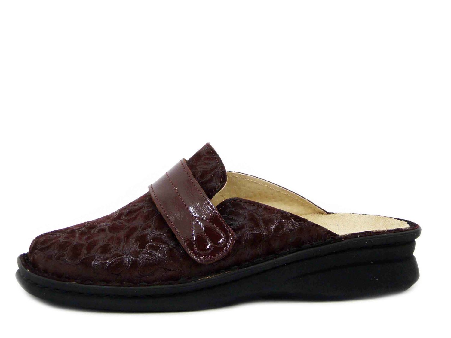 Pantofole Donna Linea Sanitaria in Pelle Bordeaux con Strap, Plantare Estraibile, Zeppa Bassa, Pianta Larga, STILEDIVITA - 8714