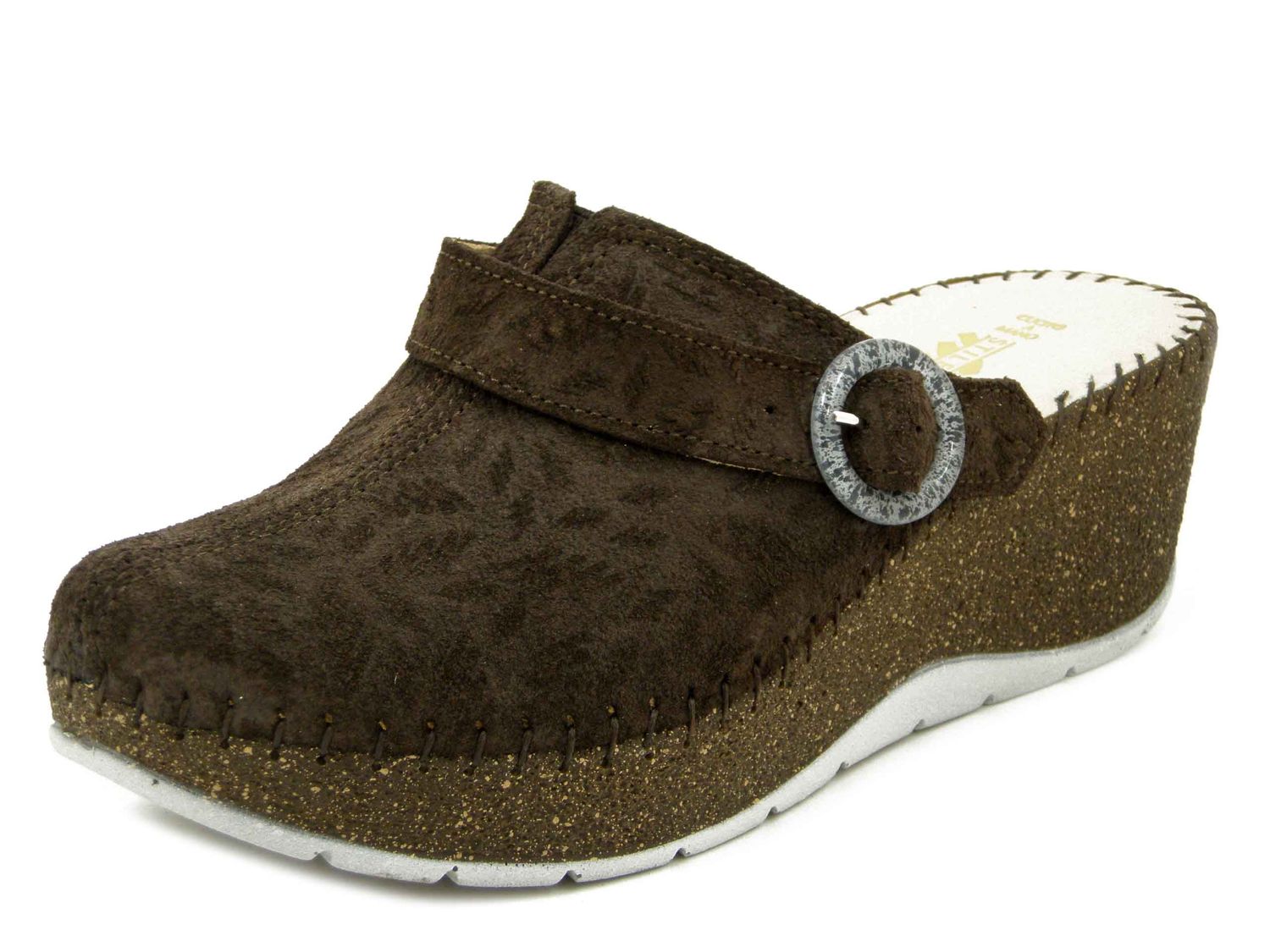 Sabot Donna in Pelle Camoscio Marrone Testa di Moro con cinturino, Zeppa Media 6 cm, STILEDIVITA - 8483