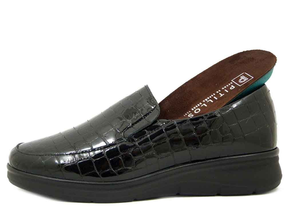 Mocassini Donna in Pelle Nappa Lucida Nero, Zeppa Bassa, Pianta Larga, Plantare Estraibile, PITILLOS - 10700