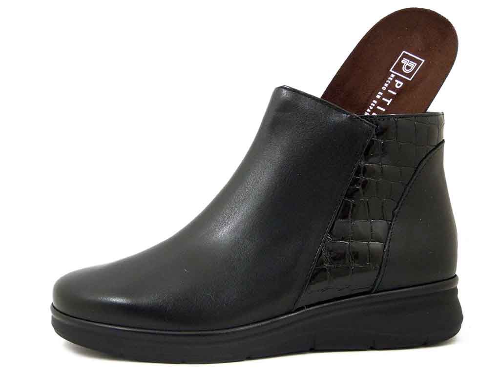 Stivaletti Donna in Pelle Nappa Nero, Zeppa Bassa 3 cm, Pianta Larga, Plantare Estraibile, PITILLOS - 10704