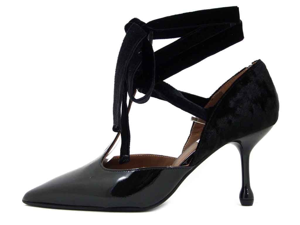 Decolleté Aperta in Pelle Lucida e Velluto Nero, Tacco Medio 8 cm, Made in Italy, Osvaldo Pericoli - 7181