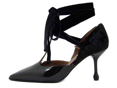 Decolleté Aperta in Pelle Lucida e Velluto Nero, Tacco Medio 8 cm, Made in Italy, Osvaldo Pericoli - 7181 Decolleté Aperta in Pelle Lucida e Velluto Nero, Tacco Medio 8 cm, Made in Italy, Osvaldo Pericoli - 7181