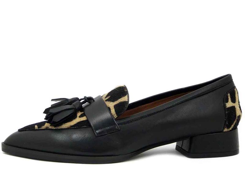 Mocassini Donna in Pelle Nappa Nero e Cavallino Animalier, Tacco Basso 3 cm, Osvaldo Pericoli - V24 Mocassini Donna in Pelle Nappa Nero e Cavallino Animalier, Tacco Basso 3 cm, Osvaldo Pericoli - V24