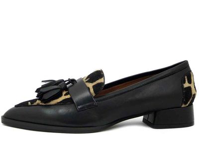 Mocassini Donna in Pelle Nappa Nero e Cavallino Animalier, Tacco Basso 3 cm, Osvaldo Pericoli - V24
