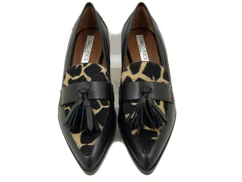 Mocassini Donna in Pelle Nappa Nero e Cavallino Animalier, Tacco Basso 3 cm, Osvaldo Pericoli - V24