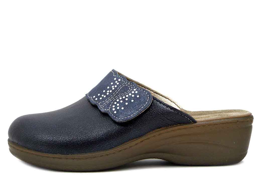 Pantofole Donna in Eco Pelle Blu con Strap, Sottopiede Vera Pelle, Zeppa Bassa, INBLU - LY81