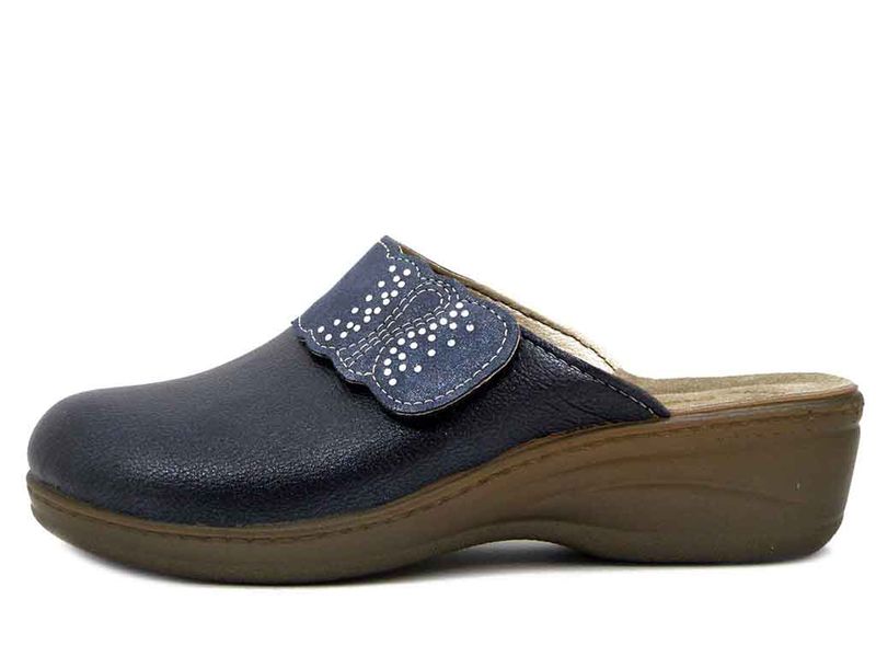 Pantofole Donna in Eco Pelle Blu con Strap, Sottopiede Vera Pelle, Zeppa Bassa, INBLU - LY81