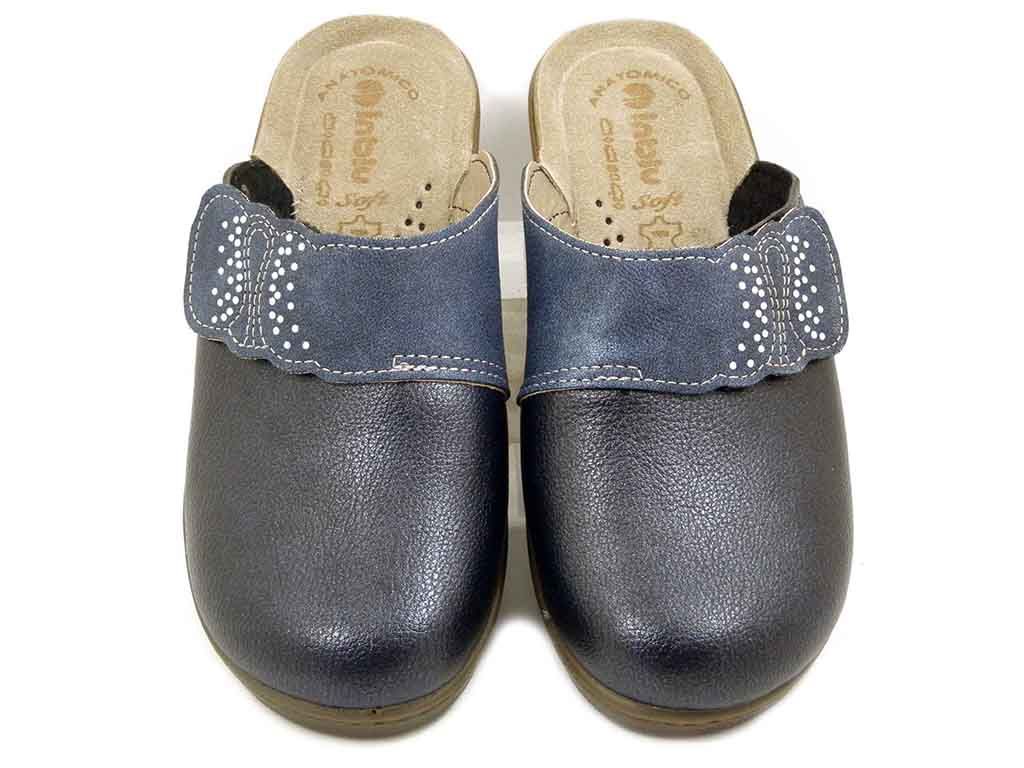 Pantofole Donna in Eco Pelle Blu con Strap, Sottopiede Vera Pelle, Zeppa Bassa, INBLU - LY81