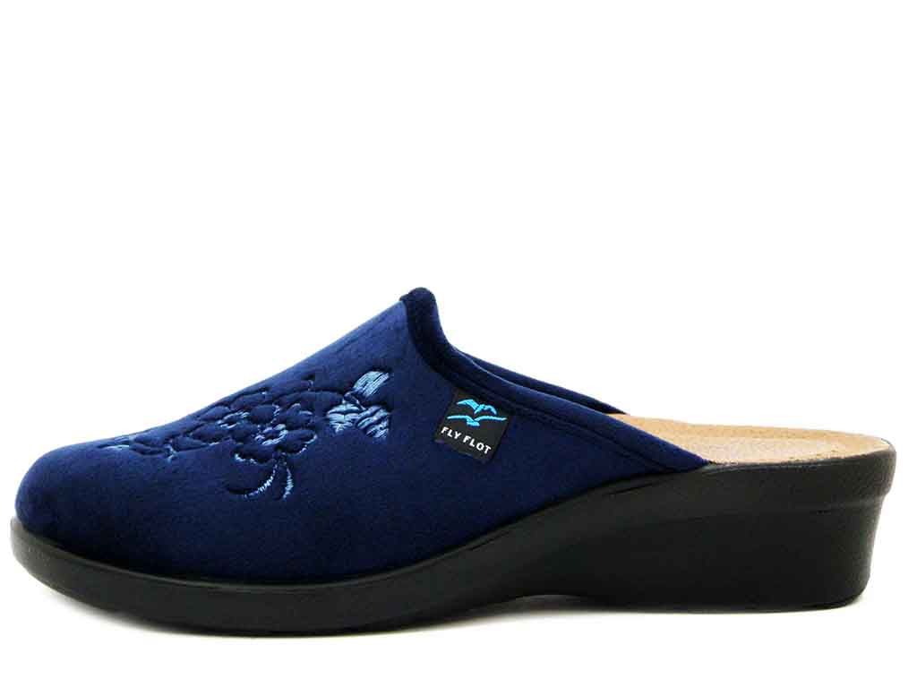 Pantofole Donna in Velluto Blu, Sottopiede Vera Pelle, Zeppa Bassa 4 cm, FlyFlot - L7Z18