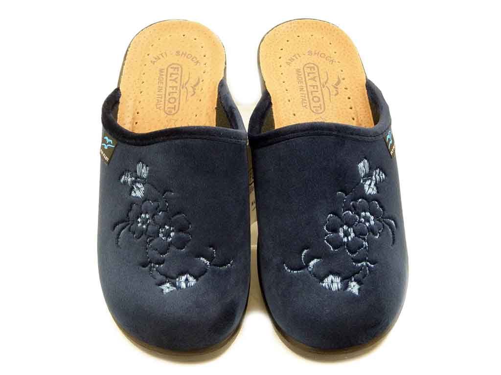 Pantofole Donna in Velluto Blu, Sottopiede Vera Pelle, Zeppa Bassa 4 cm, FlyFlot - L7Z18