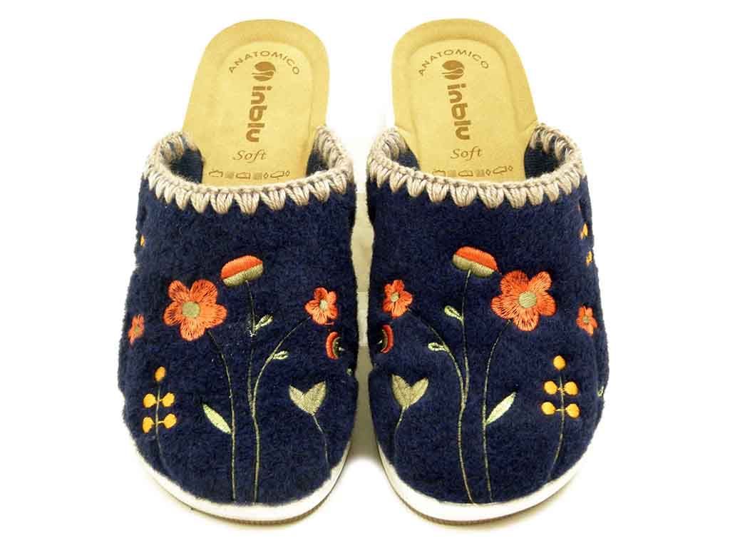 Pantofole Donna in Tessuto Blu a Fiori, Sottopiede Soft, INBLU - GC44