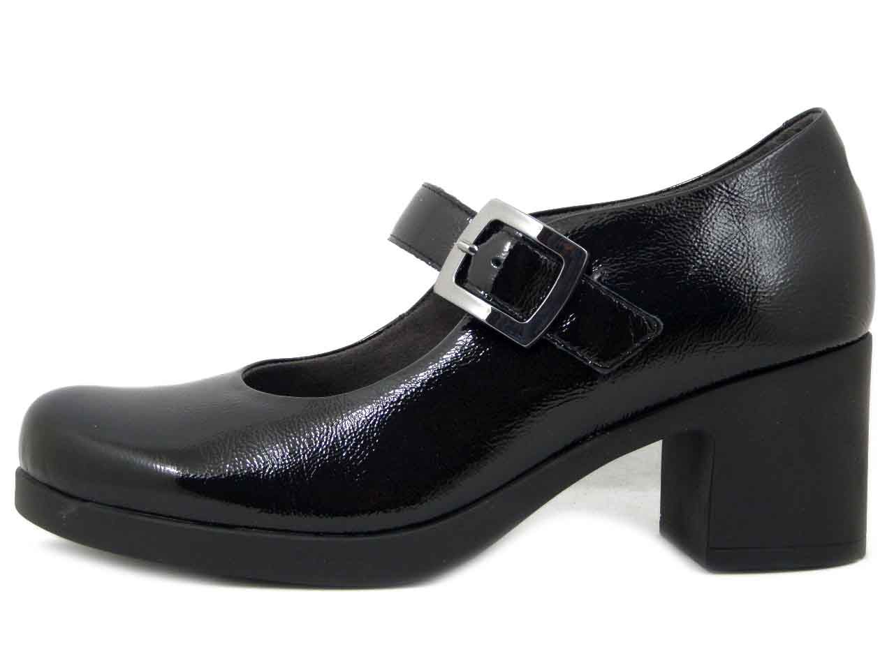 Decolleté Mary Jane in Pelle Nappa Lucida Nero, Tacco Medio 6 cm e Plateau, PITILLOS - 30100