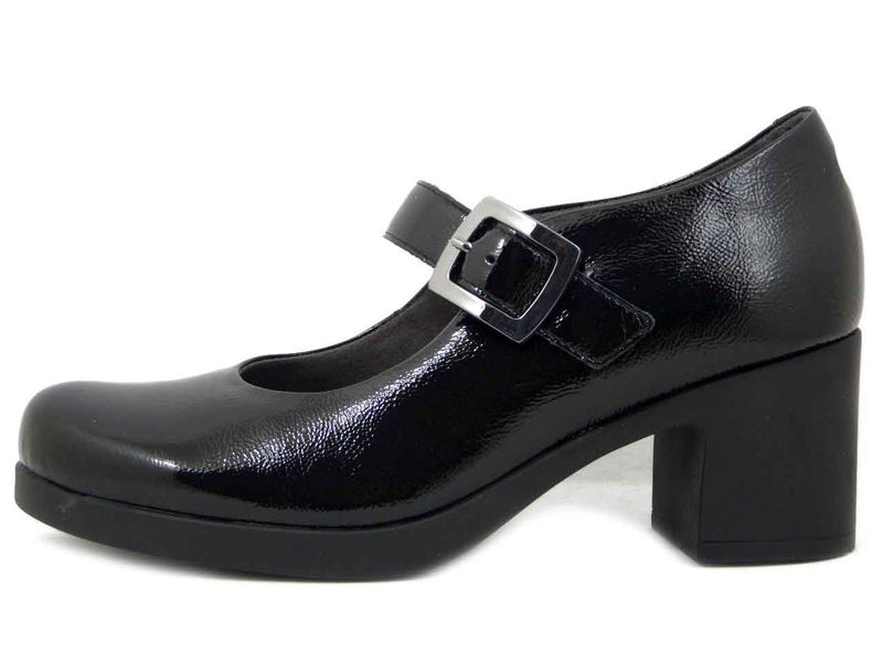Decolleté Mary Jane in Pelle Nappa Lucida Nero, Tacco Medio 6 cm e Plateau, PITILLOS - 30100