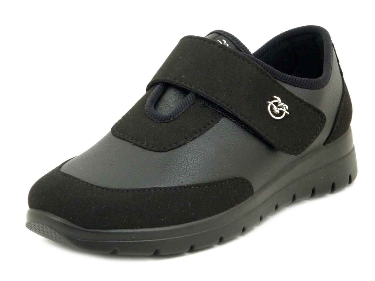 Scarpe Donna Elasticizzate in Tessuto ed Ecopelle Nero con Strap, Zeppa Bassa 4 cm, Plantare Memory Estraibile,  FLY FLOT - 27Y62
