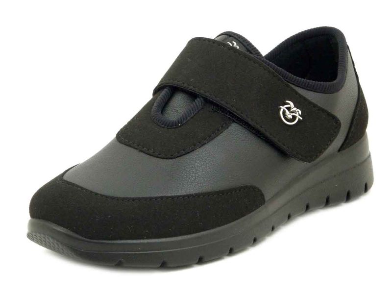 Scarpe Donna Elasticizzate in Tessuto ed Ecopelle Nero con Strap, Zeppa Bassa 4 cm, Plantare Memory Estraibile,  FLY FLOT - 27Y62