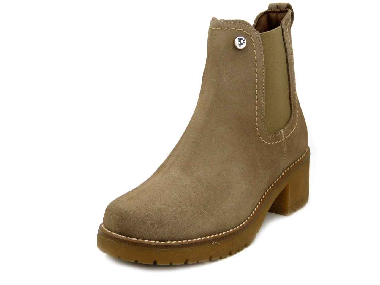 Stivaletti Donna in Pelle Camoscio Beige, Plantare Estraibile, Tacco Medio e Plateau, PITILLOS - 20227