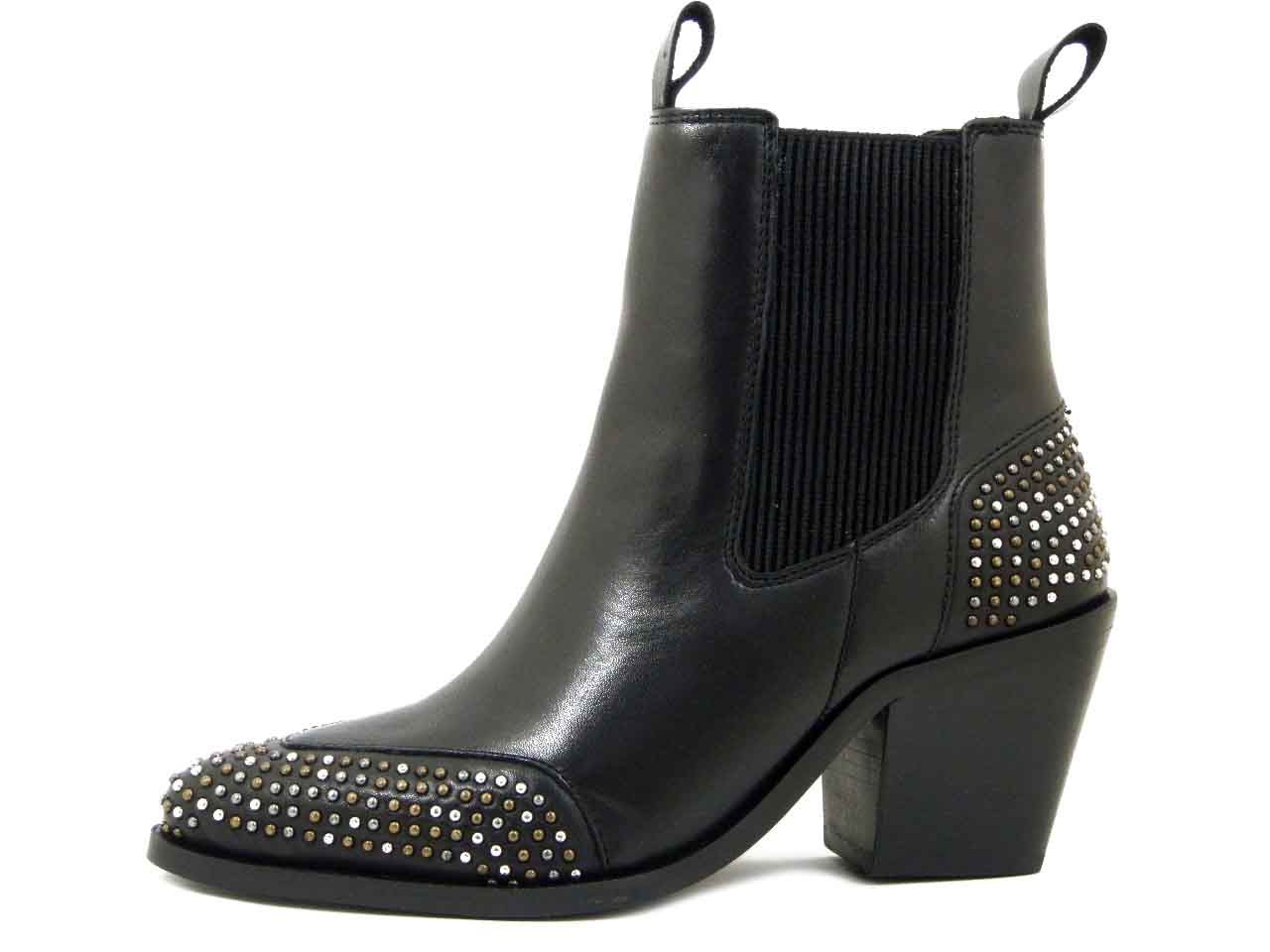 Stivaletti Texani Donna in Pelle Nero con Borchie, Tacco Medio 7 cm, Raquel Perez - 23025