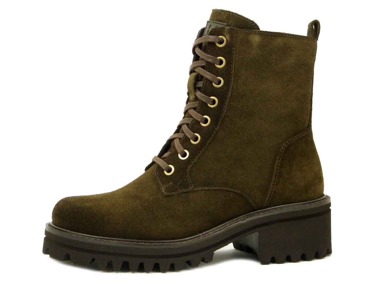 Stivaletti Anfibi Donna in Pelle Camoscio Verde/Marrone, Tacco Basso, Raquel Perez - 23052