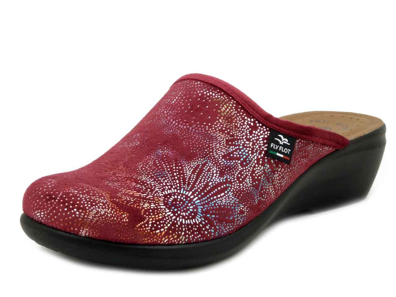 Pantofole Donna in Velluto Rosso, Sottopiede Vera Pelle, Zeppa Media, FlyFlot - Q7W36