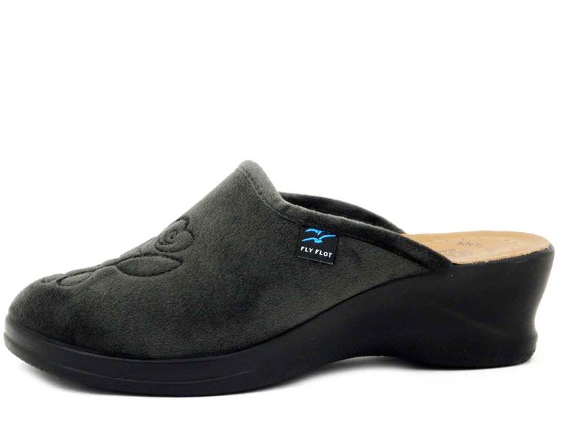 Pantofole Donna in Velluto Grigio, Sottopiede Vera Pelle, Zeppa Media, FlyFlot - 96Y72