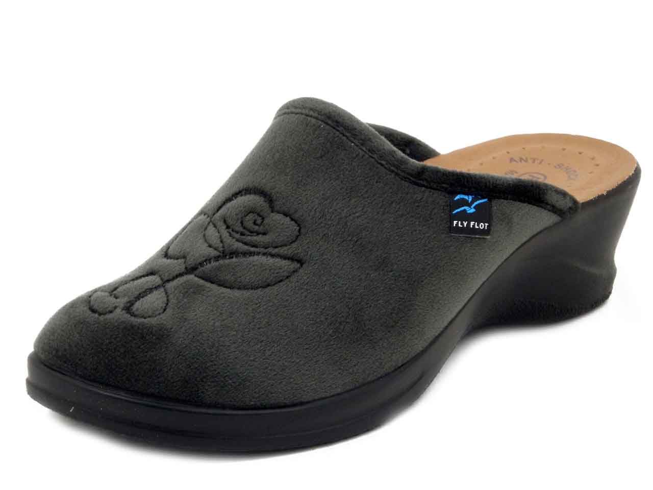 Pantofole Donna in Velluto Grigio, Sottopiede Vera Pelle, Zeppa Media, FlyFlot - 96Y72