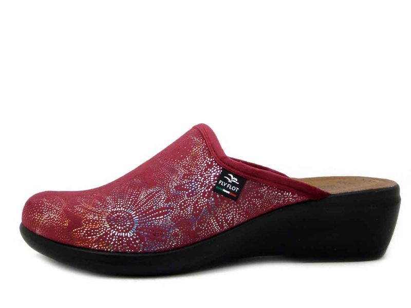 Pantofole Donna in Velluto Rosso, Sottopiede Vera Pelle, Zeppa Media, FlyFlot - Q7W36