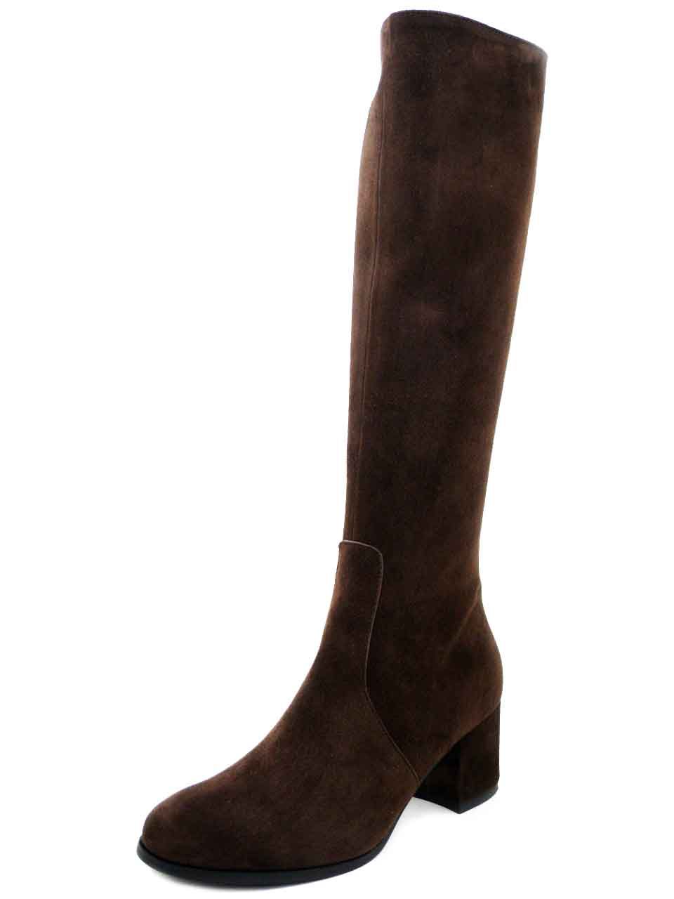 Stivali Donna al ginocchio in Pelle Camoscio Marrone, Tacco Medio Basso 5 cm, Made in Italy - ST01