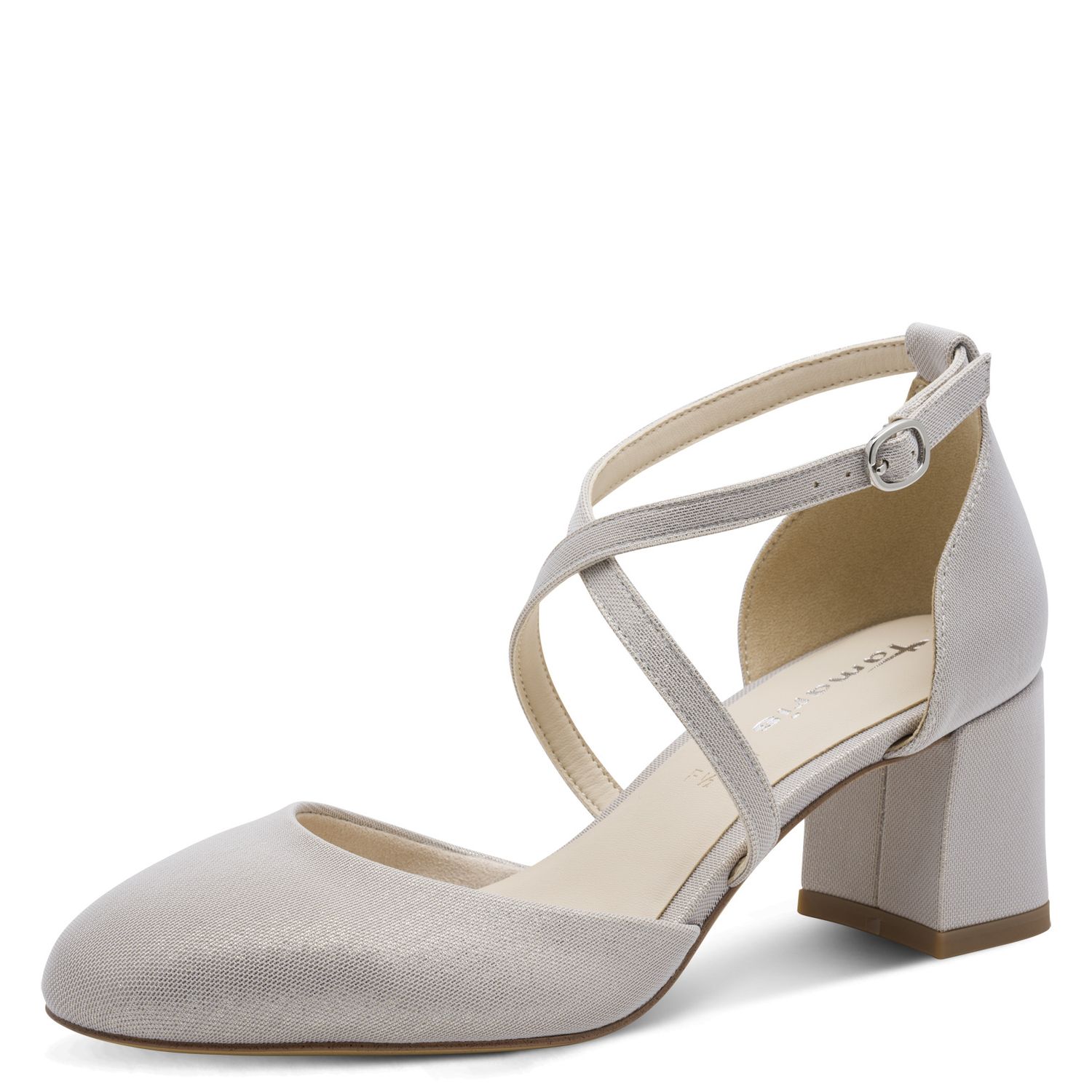 Decolletè Aperte con Cinturino in Tessuto Brillante Platino, Tacco Medio 6 cm, Tamaris - 22438