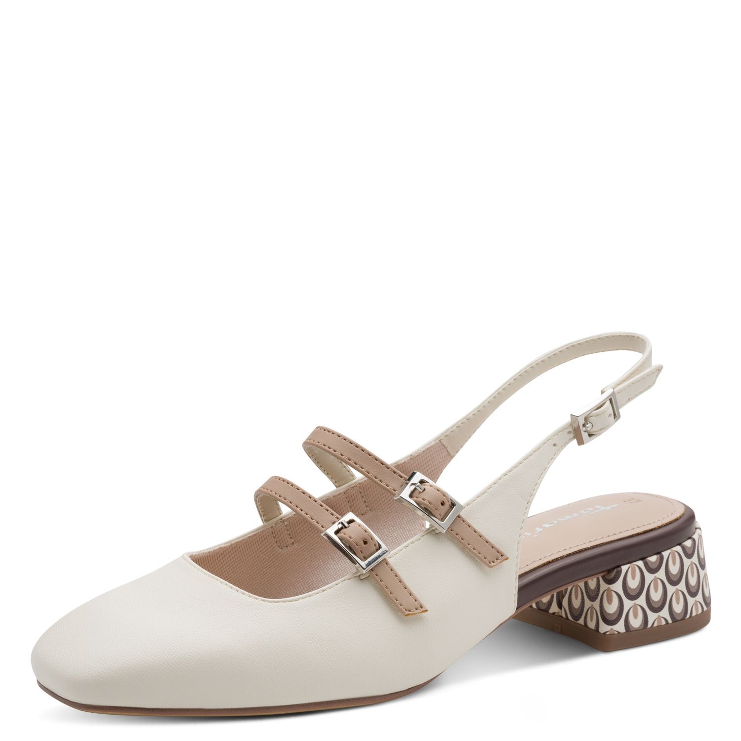 Sling Back Donna in Eco Pelle Bianco e Beige con cinturini, Tacco Basso, Tamaris - 29510