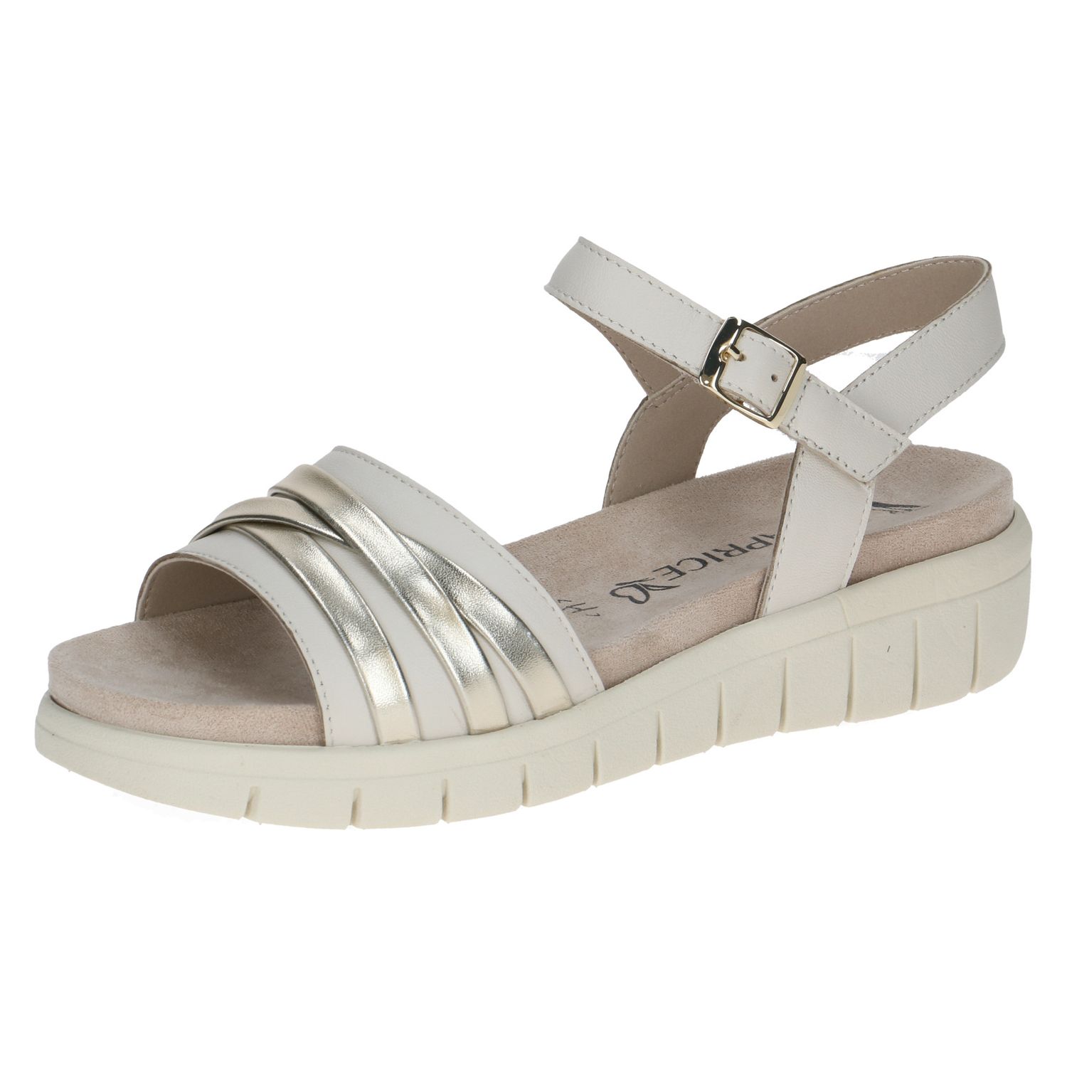 Sandali Donna in Pelle Beige e Oro, Zeppa Bassa, Pianta Larga, CAPRICE - 28703