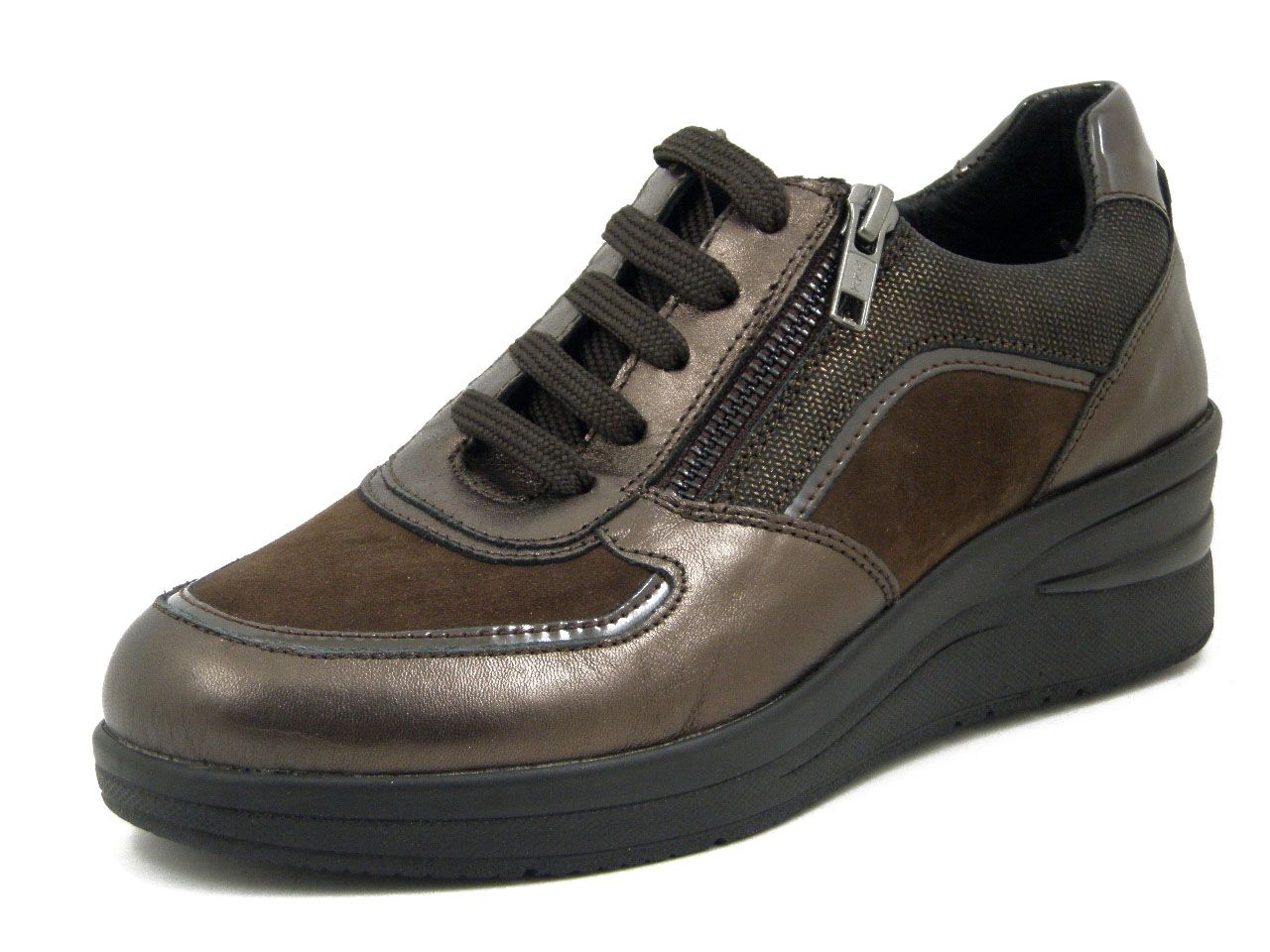 Sneakers Donna Comfort in Pelle e Camoscio Marrone con Cerniera, Zeppa Media, Plantare Estraibile - REGINA