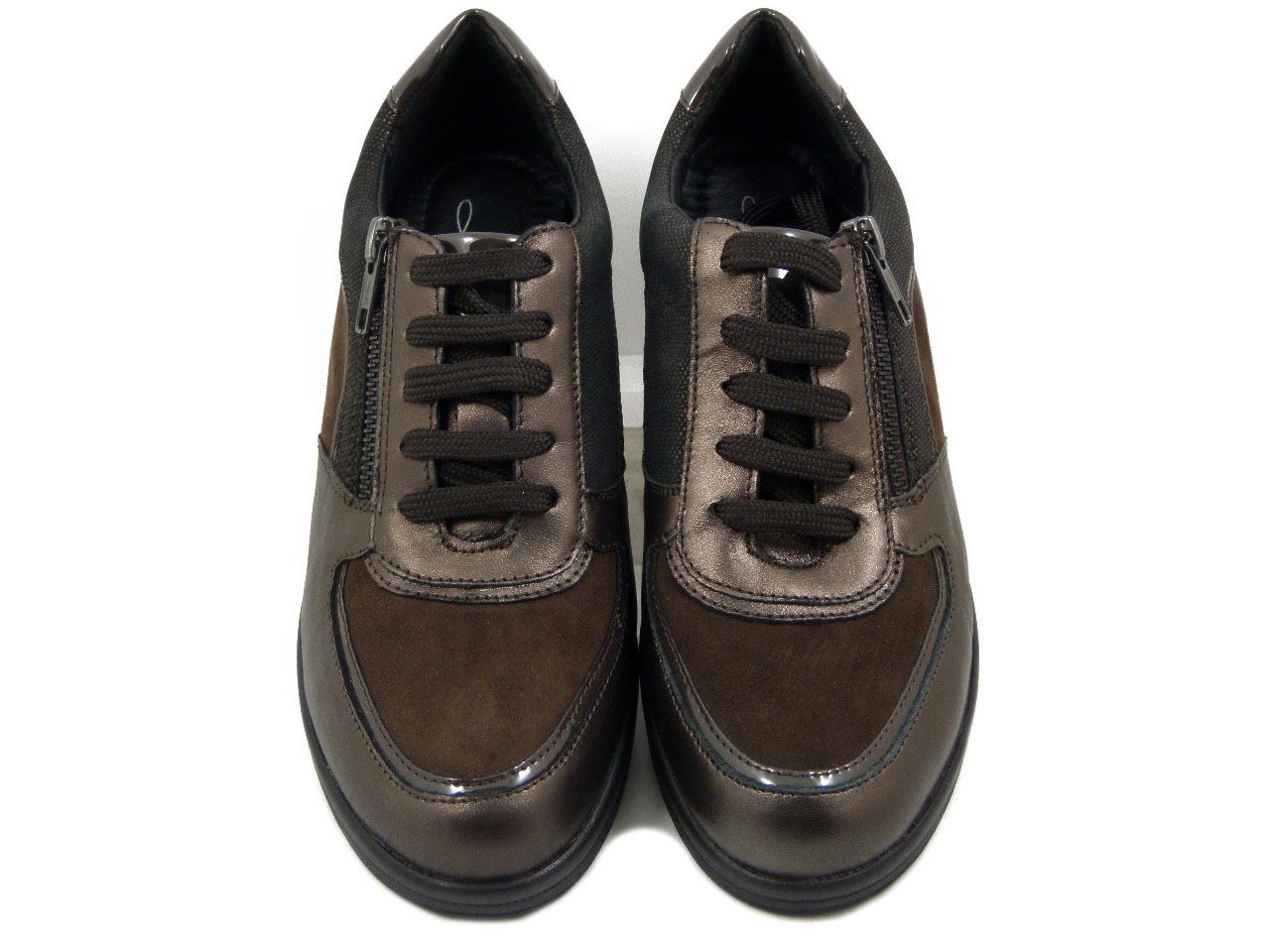 Sneakers Donna Comfort in Pelle e Camoscio Marrone con Cerniera, Zeppa Media, Plantare Estraibile - REGINA