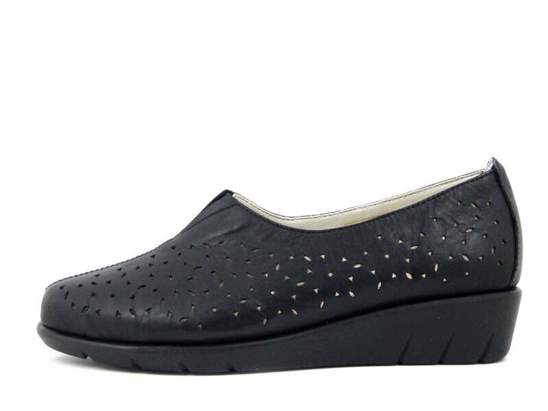 Mocassini Donna in Pelle Traforata Nero, Zeppa Bassa, Pianta Comoda, PAOLA01