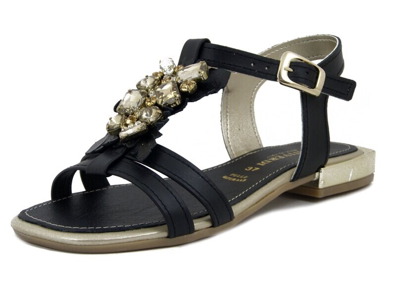 Prativerdi, Sandalo Donna Flat Gioiello in Pelle Nero, Tacco Basso, 23201