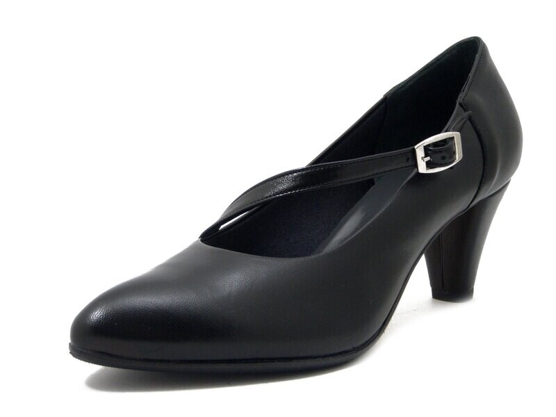 Decollete Comfort in Pelle Nero con cinturino regolabile, Tacco Medio 6 cm, Pianta Larga, Osvaldo Pericoli 501