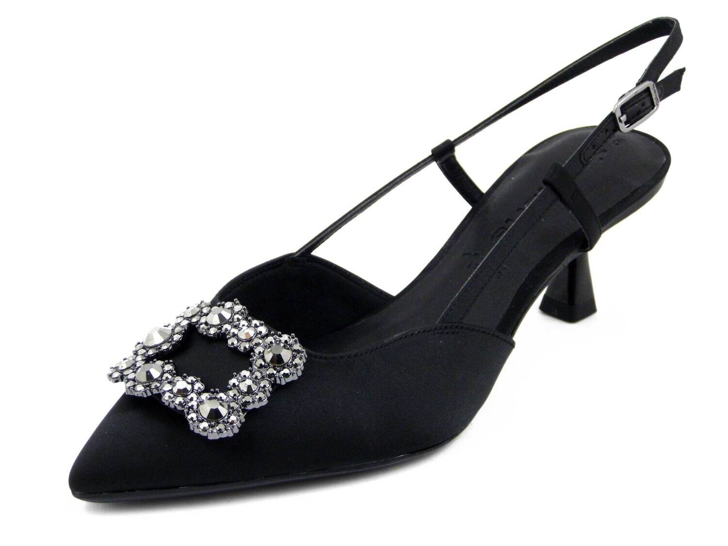 Decolletè Aperte Sling Back Gioiello in Raso Nero, Tacco Medio Basso 6 cm, TAMARIS, 29602