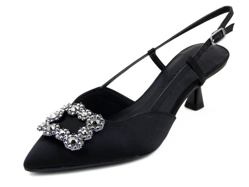 Decolletè Aperte Sling Back Gioiello in Raso Nero, Tacco Medio Basso 6 cm, TAMARIS, 29602