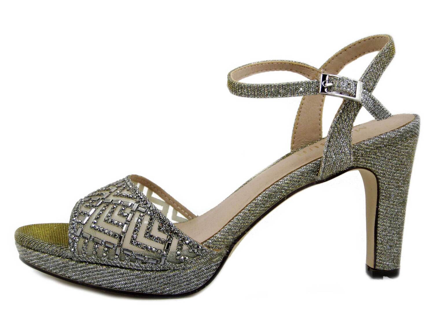 Sandali Donna Gioiello in Tessuto Glitter Argento, Tacco Medio Alto 8 cm e Plateau, MENBUR 23683