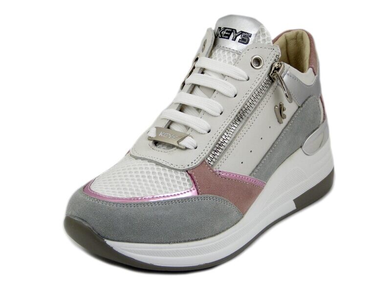 Sneakers Donna Bianche e Multicolore, Zeppa Media 6 cm, Plantare Estraibile, KEYS - K9026