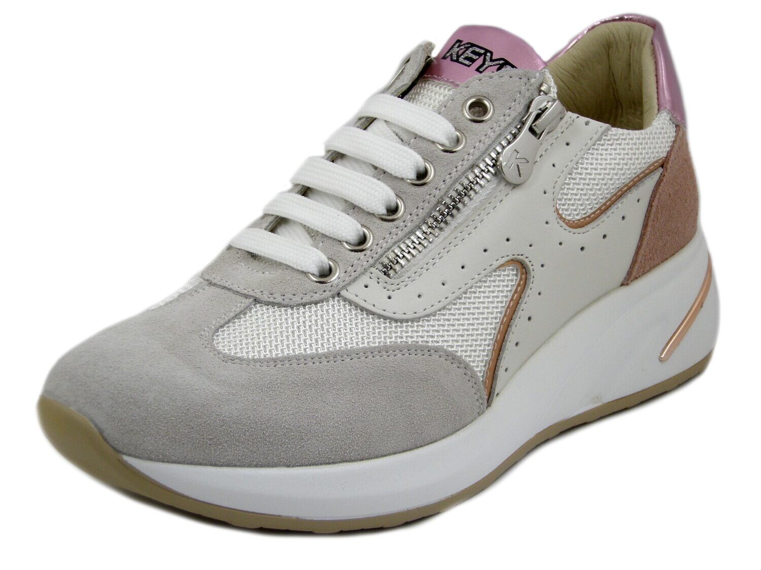 Sneakers Donna Bianche con Cerniera, Zeppa Bassa, Plantare Estraibile, KEYS - K9062