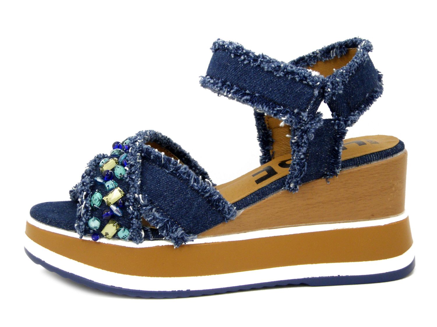 Sandali Donna Gioiello in Tessuto Jeans, Zeppa Alta 8 cm e Plateau, MENBUR - 25382