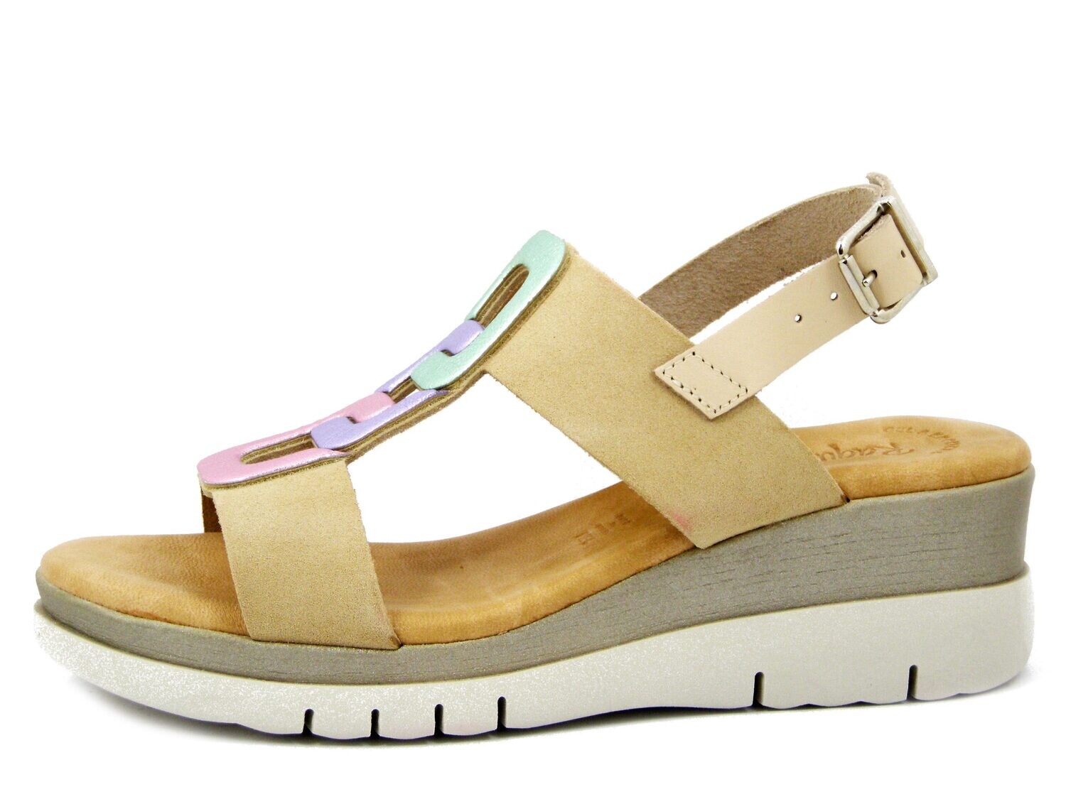 Sandali Donna in Pelle Beige e Multicolore, Zeppa Medio Bassa 5 cm, Raquel Perez - 20866