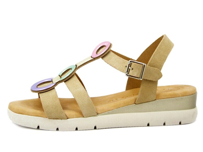 Sandali Donna in Pelle Beige e Multicolore, Zeppa Bassa, Raquel Perez - 20830
