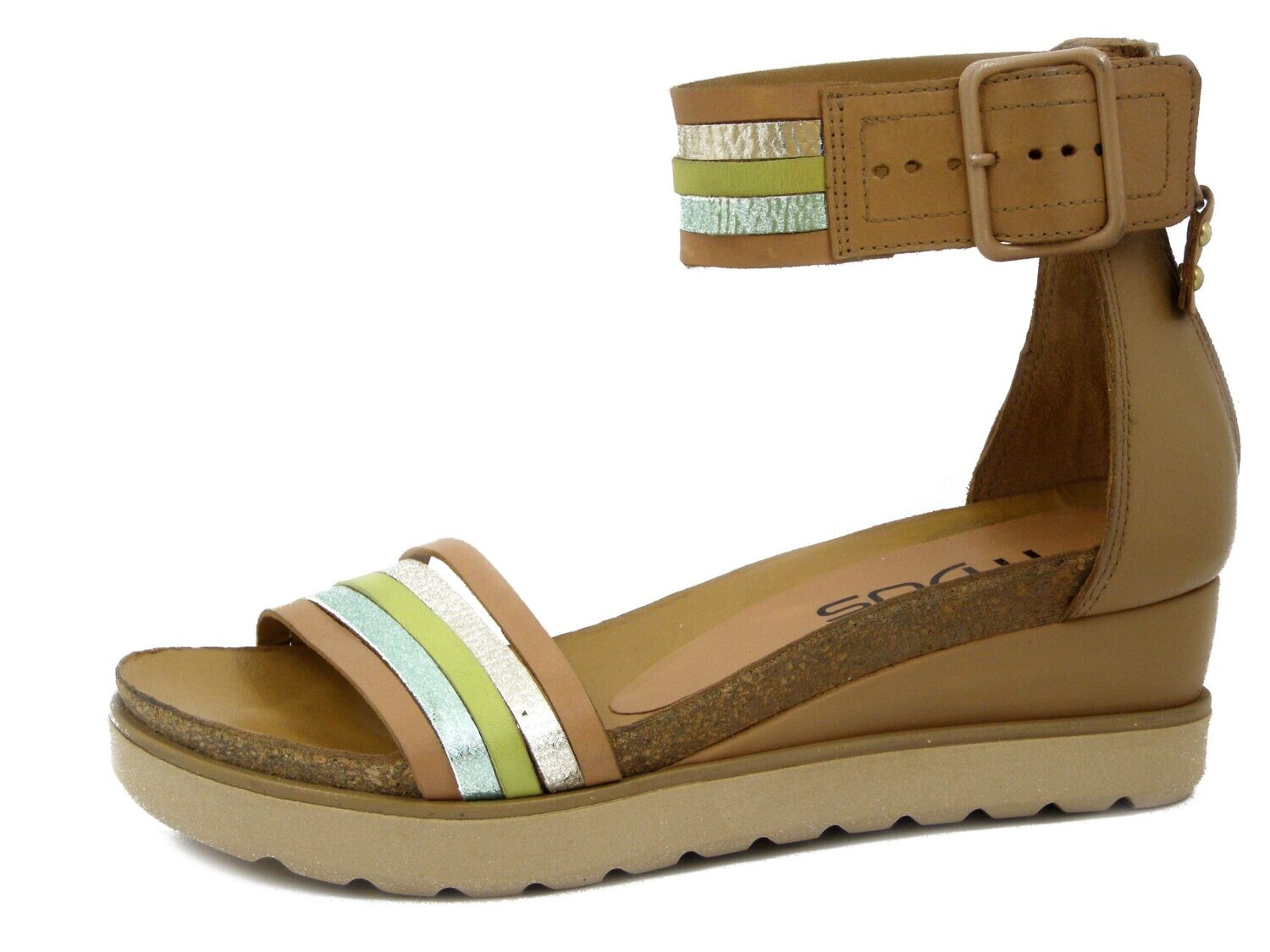 Sandali Donna in Pelle Marrone Cuoio e Verde, Zeppa Media 5 cm, MJUS - L16005