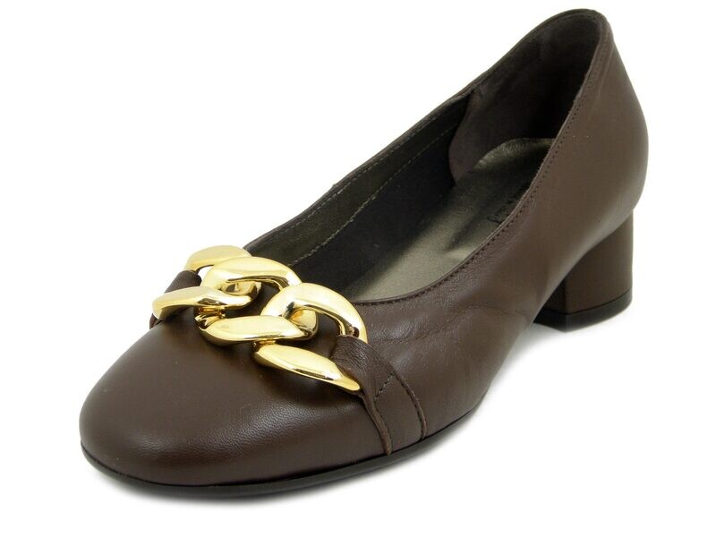 Scarpe Donna Decolletè Ballerine in Pelle Marrone con Catena, Tacco Basso, Soffice Sogno Scarpe Donna Decolletè Ballerine in Pelle Marrone con Catena, Tacco Basso, Soffice Sogno