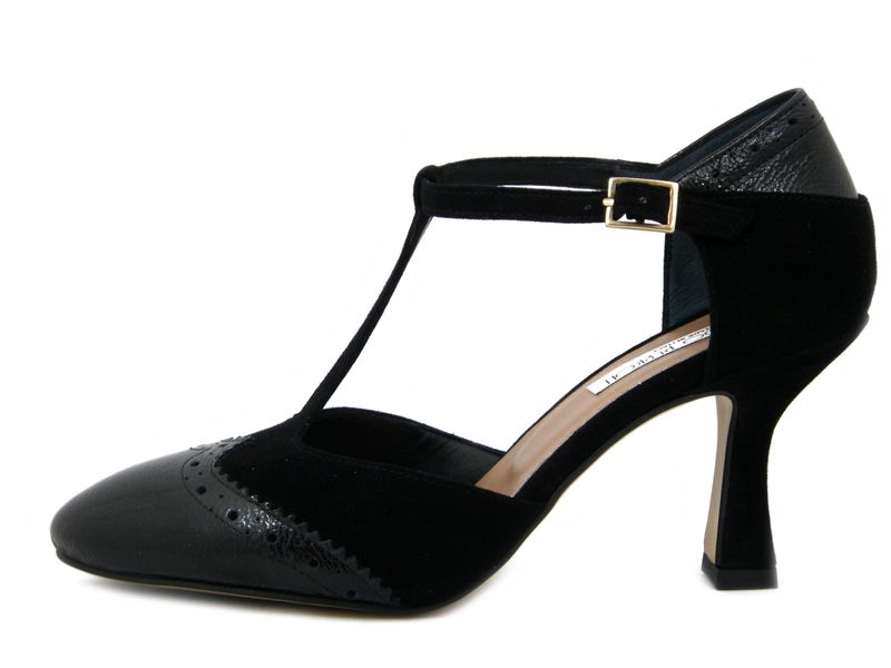 Scarpe Donna Charleston in Camoscio e Pelle Lucida Nero, Tacco Medio 8 cm, Osvaldo Pericoli - CAS72