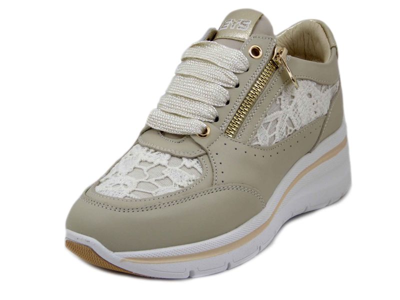 Sneakers Donna in Pelle Beige e Pizzo, Zeppa Media 5 cm, Plantare Estraibile, KEYS - K10603 Sneakers Donna in Pelle Beige e Pizzo, Zeppa Media 5 cm, Plantare Estraibile, KEYS - K10603