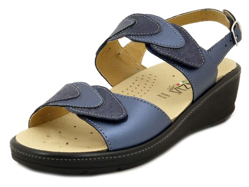 Sandali Donna Comfort Linea Ortopedica in Pelle Blu, Plantare Estraibile, Zeppa Bassa, CINZIA SOFT - 12636