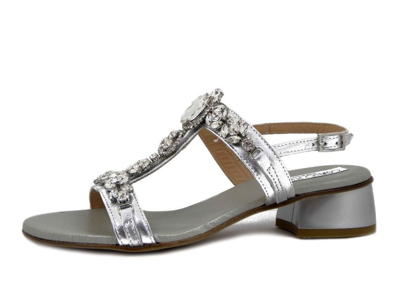 Sandali Donna Gioiello in Pelle Argento, Tacco Basso 3 cm, Osvaldo Pericoli - E5POSIC4